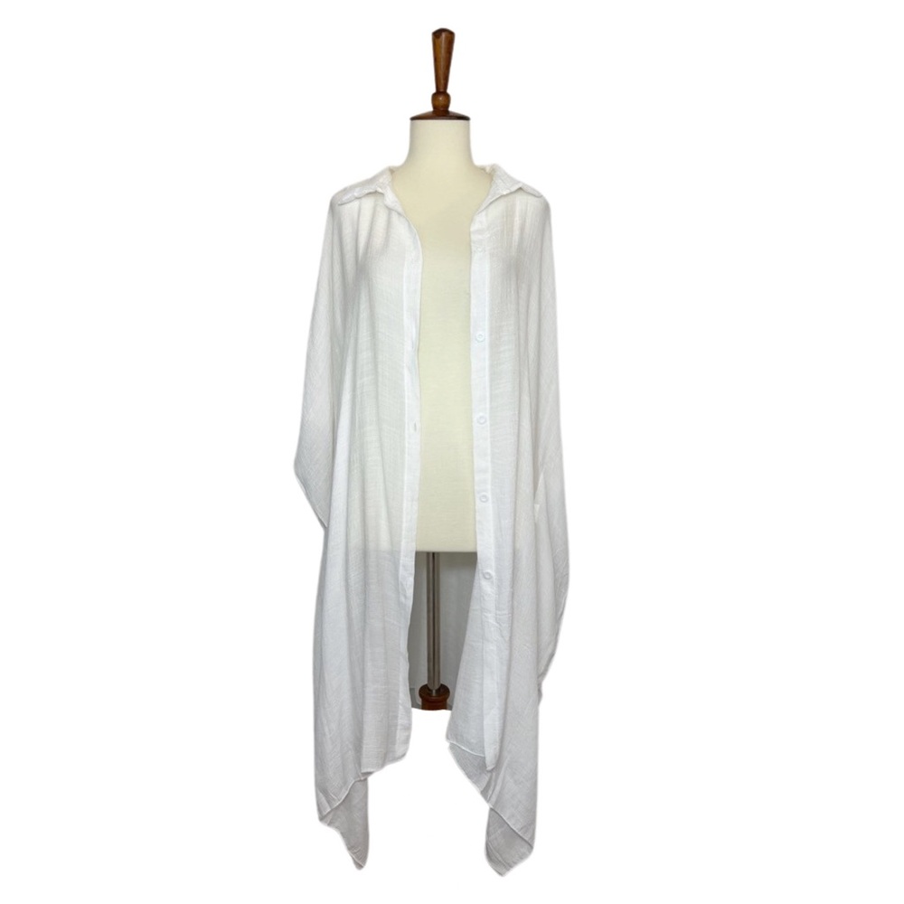 Flowing White Button Down Kimono Beach Coverup - Picture 7 of 15
